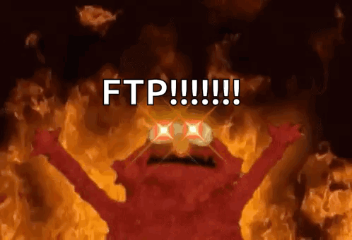 elmo is standing in front of a fire with the words ftp written on it