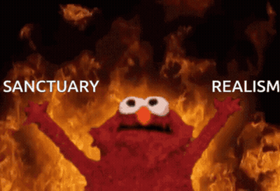 Elmo Is Standing In Front Of A Fire With The Words Sanctuary And Realism Written Above Him GIF