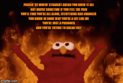 Elmo Is Surrounded By Flames And Says " Passin ' By Mouth " GIF