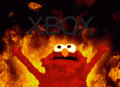 Elmo Is Surrounded By Flames With The Word Xbox In The Background GIF