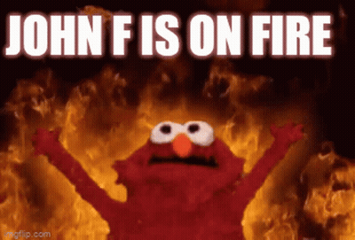 Elmo Is Surrounded By Flames With The Words John F Is On Fire Above Him GIF
