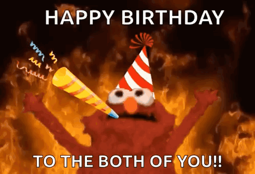 Elmo Is Wearing A Party Hat And Blowing A Party Horn And The Words Happy Birthday To The Both Of You GIF