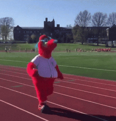 Elmo Mascot Running On A Track With A Bottle Of Water In His Hand GIF
