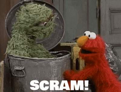 Elmo Next To Trash Can Saying Scram GIF