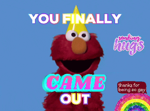 Elmo Says " You Finally Came Out " In Front Of A Blue Background GIF