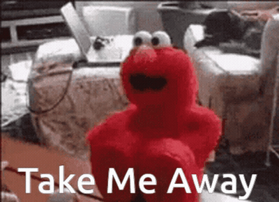 Elmo Sitting In Front Of Laptop Saying Take Me Away GIF
