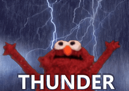 Elmo With A Lightning Bolt Behind Him And The Word Thunder GIF