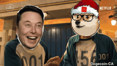 Elon Musk And A Dogecoin Wearing A Mcdonalds Santa Hat GIF