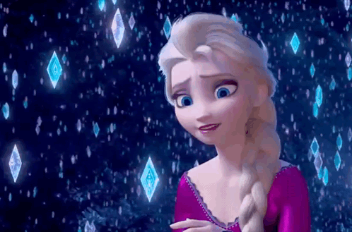 Elsa From The Movie Frozen Is Standing In Front Of A Blue Background With Diamonds . GIF
