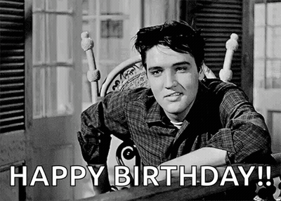 Elvis Presley Is Sitting In A Chair In A Black And White Photo With The Words `` Happy Birthday '' . GIF