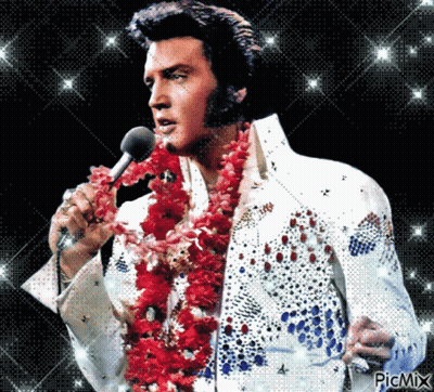 Elvis Presley Singing Into A Microphone While Wearing A Red Flower Lei Around His Neck GIF