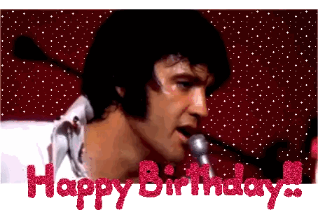Elvis Presley Singing Into A Microphone With The Words Happy Birthday Written In Red Glitter Sticker
