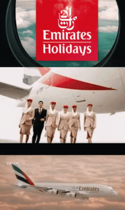 Emirates Holidays Poster With Flight Attendants And Airplane GIF