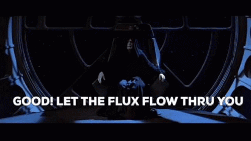 Emperor Palpatine Is Sitting In A Chair With The Words `` Good ! Let The Flux Flow Thru You '' Behind Him . GIF