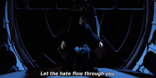 Emperor Palpatine Says Let The Hate Flow Through You In A Dark Room GIF