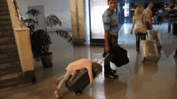 Exhausted Child At Airport Rides Luggage GIF