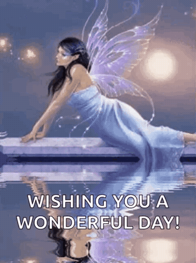 Fairy Blue Dress Purple Wings On Wall Overlooking Water GIF