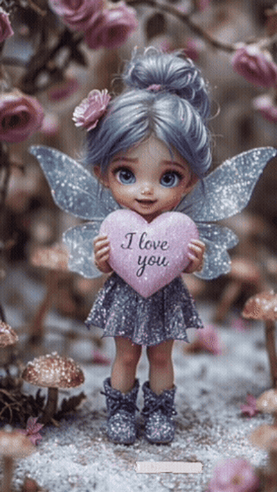 Fairy Doll Holding Pink Heart I Love You GIF