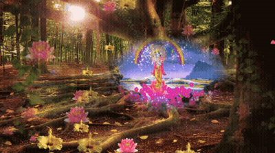 Fairy In Forest With Rainbow And Flowers GIF