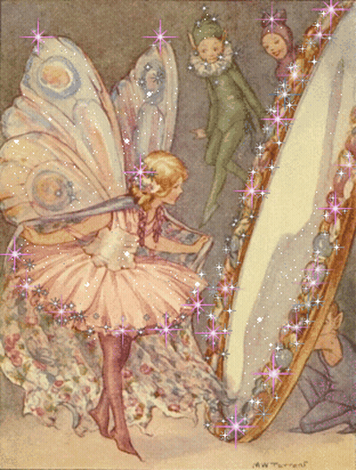 Fairy Looking In Mirror Surrounded By Elves GIF