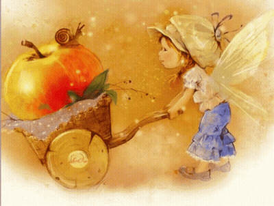 Fairy Pushing Wheelbarrow Full Of Apples And Snail GIF