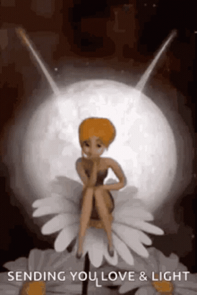 Fairy Sitting On Daisy With Light Bulb GIF