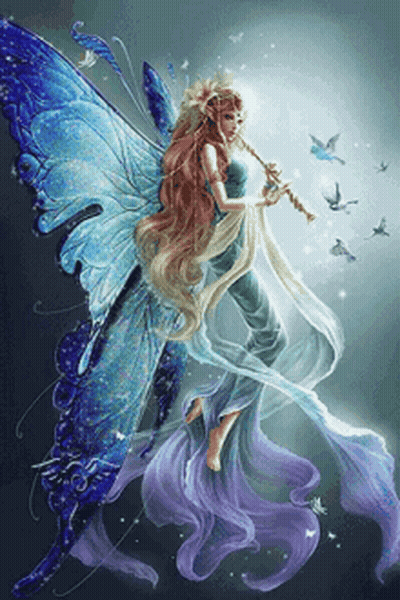 Fairy With Blue Wings Playing Flute Surrounded By Birds GIF