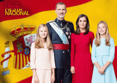 Family Posing In Front Of Spanish Flag Feliz Fiesta Nacional GIF