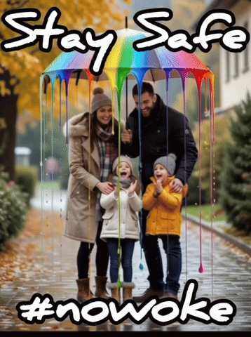 Family Under Umbrella Saying Stay Safe GIF