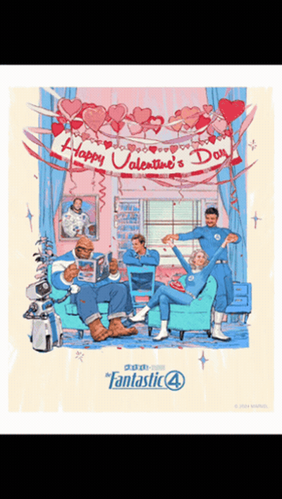 Fantastic Four Valentine's Day Poster With Hearts And Balloons GIF