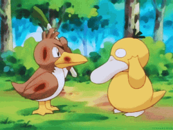 Farfetch'd Hitting Psyduck With Stick GIF