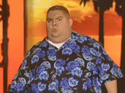 Fat Man In Blue Floral Shirt Standing In Front Of Palm Tree GIF
