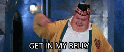 Fat Man In Hat And Yellow Sweater Dancing Saying Get In My Belly GIF