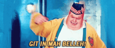 Fat Man In Yellow Jacket And Suspenders Saying Git In Mah Belleh GIF
