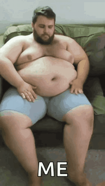 Fat Man With Beard Hands On Belly Saying Me GIF