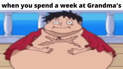 Fat Monkey D Luffy Sitting On Bench Hands On Stomach GIF