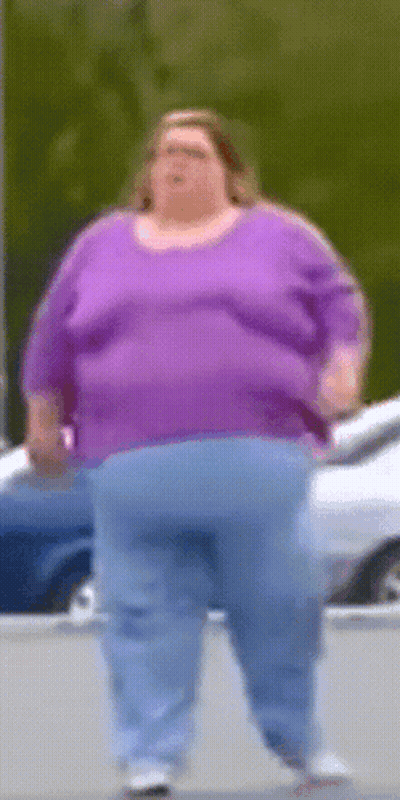 Fat Woman In Purple Shirt And Blue Jeans GIF