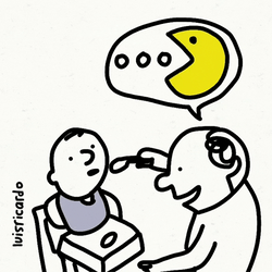 Father Feeding Baby While Thinking Pac Man GIF