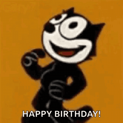 Felix The Cat Is Dancing And Smiling With The Words `` Happy Birthday '' Written Below Him . GIF