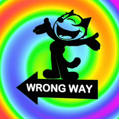 Felix The Cat With A Rainbow Background And A Sign That Says Wrong Way GIF
