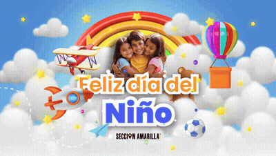 Feliz Dia Del Niño Poster With Rocket Plane And Hot Air Balloons GIF