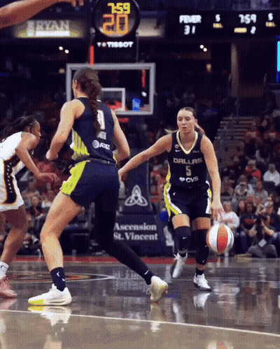 Female Basketball Player In Dallas Jersey Dribbling GIF