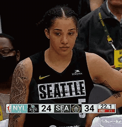Female Basketball Player In Seattle Jersey Sitting In Stands GIF