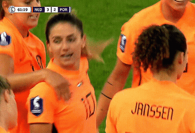 Female Soccer Players Huddled, Janssen On Jersey GIF