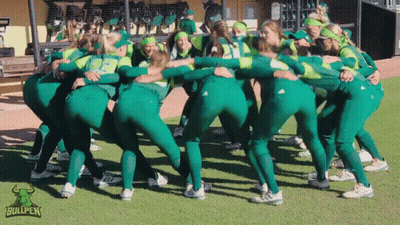 Female Softball Players Huddle With Bullpen Logo GIF