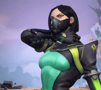 Female Video Game Character In Mask And Green Black Suit GIF