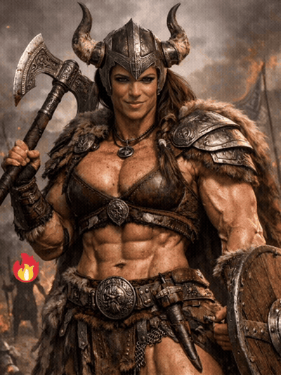 Female Viking Holding Axe And Shield GIF