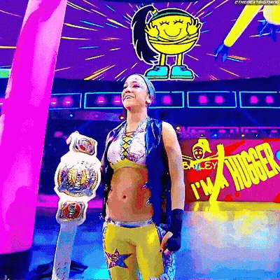 Female Wrestler Holding Championship Belt In Front Of I'm A Hugger Sign GIF