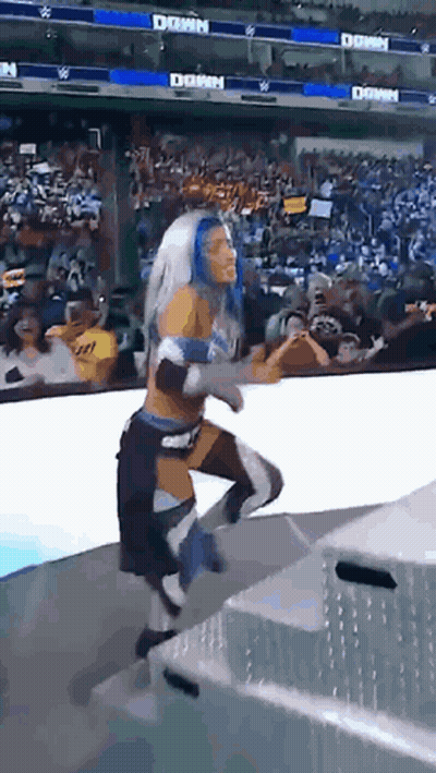 Female Wrestler Running On Stage With Crowd And Dawn Banner GIF