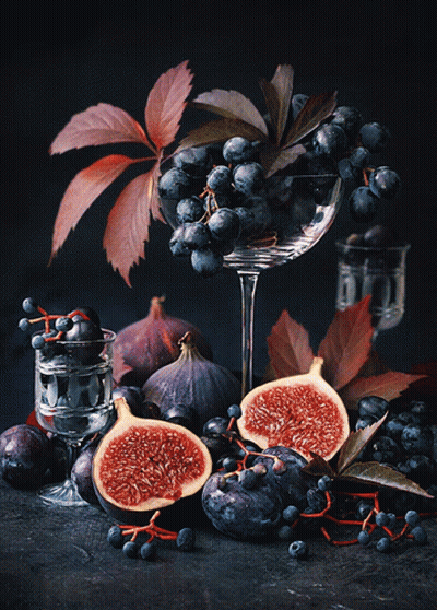 Figs Grapes And Leaves In Wine Glass GIF